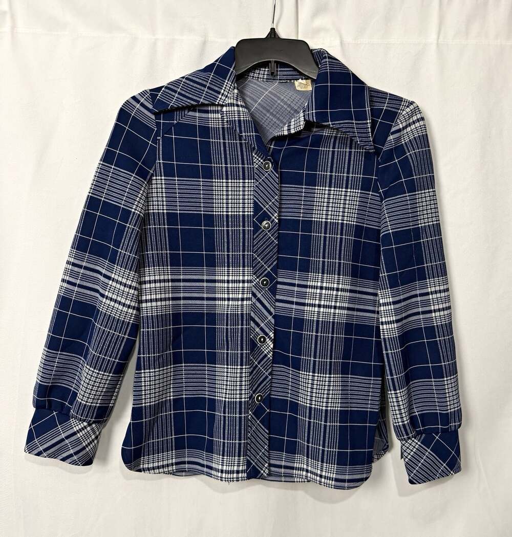 Vintage 1970s Womens Size 12 Blue Plaid Dagger Collar Blouse Disco Shirt 70s